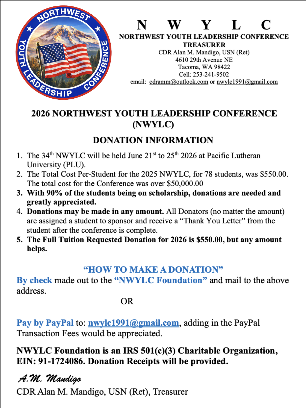 2026 - NWYLC DONATION INFORMATION